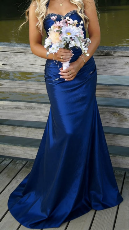 Robe de bal longue sirène bleu roi ornée de perles, robe de soirée vintage AB1822