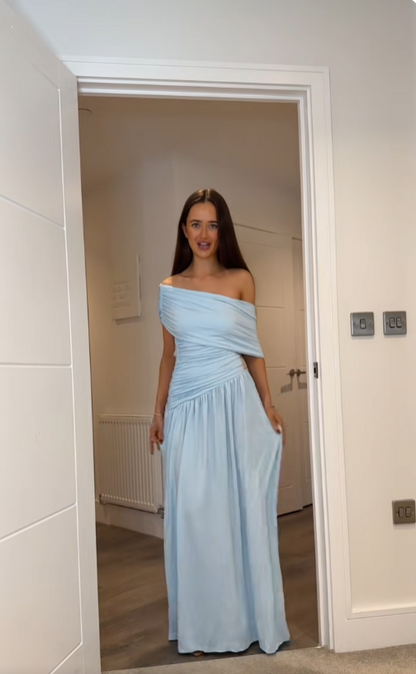 Cocktailkleid für Damen, Etuikleid mit One-Shoulder-Ausschnitt, plissiert und gerafft, hellblau, lang, für Abschlussfeiern, Ballkleider AB1872