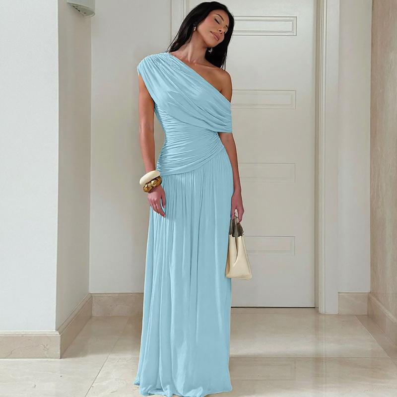 Cocktailkleid für Damen, Etuikleid mit One-Shoulder-Ausschnitt, plissiert und gerafft, hellblau, lang, für Abschlussfeiern, Ballkleider AB1872