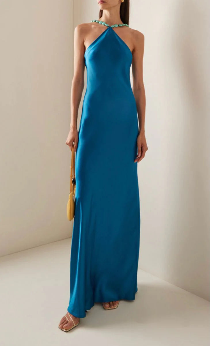 Sexy High Neck Blue Satin Long Prom Dresses Mermaid For Women N4182