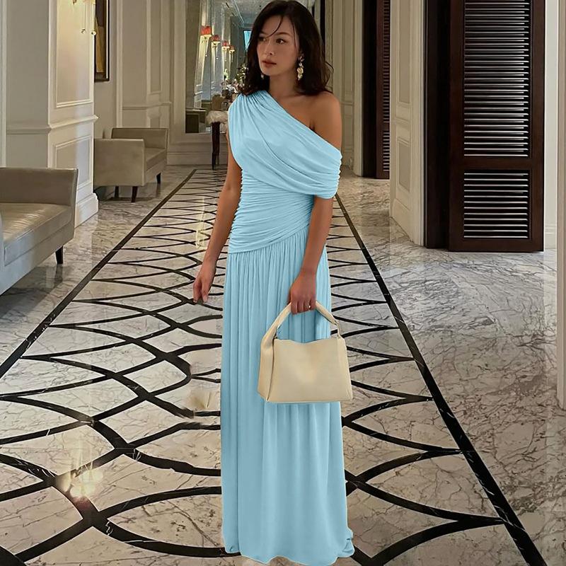 Cocktailkleid für Damen, Etuikleid mit One-Shoulder-Ausschnitt, plissiert und gerafft, hellblau, lang, für Abschlussfeiern, Ballkleider AB1872