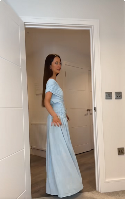 Cocktailkleid für Damen, Etuikleid mit One-Shoulder-Ausschnitt, plissiert und gerafft, hellblau, lang, für Abschlussfeiern, Ballkleider AB1872