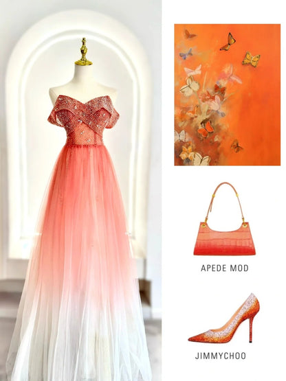 Inspiration für elegante Ballkleider: A-Linie, schulterfrei, korallenrosa Tüll, halbformelles Tanz- und Abschlussballkleid für Teenager, Gymnasien AB1945