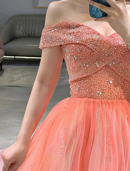 Inspiration für elegante Ballkleider: A-Linie, schulterfrei, korallenrosa Tüll, halbformelles Tanz- und Abschlussballkleid für Teenager, Gymnasien AB1945