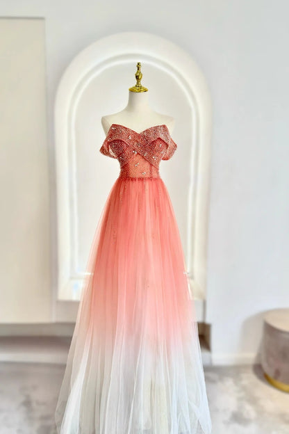 Inspiration für elegante Ballkleider: A-Linie, schulterfrei, korallenrosa Tüll, halbformelles Tanz- und Abschlussballkleid für Teenager, Gymnasien AB1945