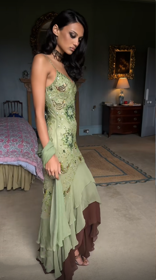 Sexy Ballkleid mit hohem/tiefem Saum, Spaghettiträgern, salbeigrünem Chiffon mit Perlen, halbformelles Abschlussballkleid für Teenager und Gymnasien AB1951