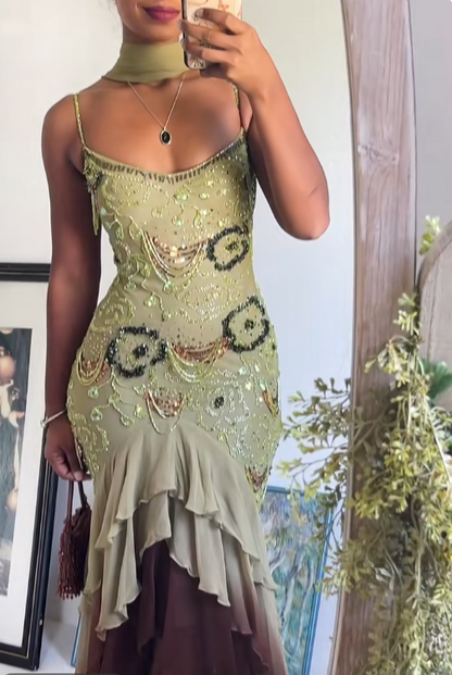 Sexy Ballkleid mit hohem/tiefem Saum, Spaghettiträgern, salbeigrünem Chiffon mit Perlen, halbformelles Abschlussballkleid für Teenager und Gymnasien AB1951
