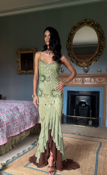 Sexy Ballkleid mit hohem/tiefem Saum, Spaghettiträgern, salbeigrünem Chiffon mit Perlen, halbformelles Abschlussballkleid für Teenager und Gymnasien AB1951