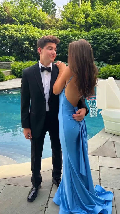 Elegante, rückenfreie Meerjungfrauen-Abendkleider aus blauem Satin mit Falten für Teenager (AB1986)