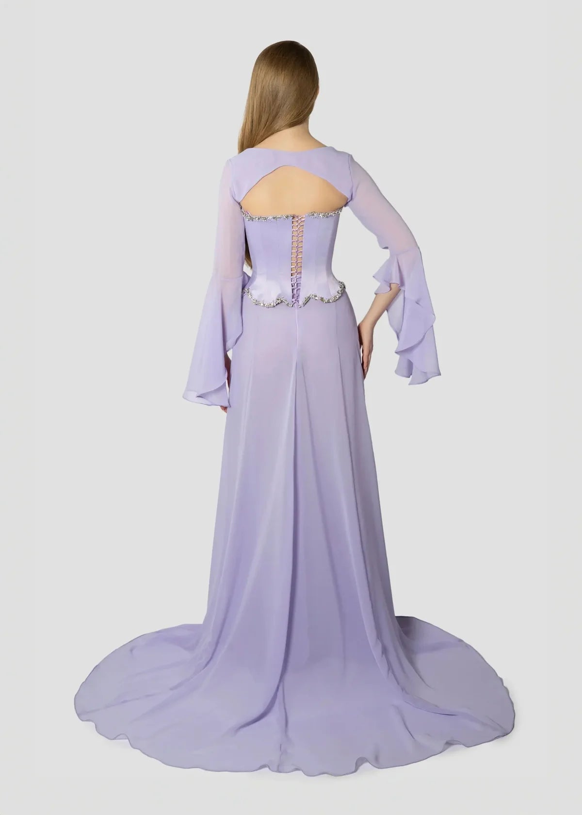 Elegantes zweiteiliges Meerjungfrauen-Kleid aus lila Chiffon mit eckigem Ausschnitt und langen Ärmeln – langes, formelles Abendkleid, elegantes Partykleid, AB2023
