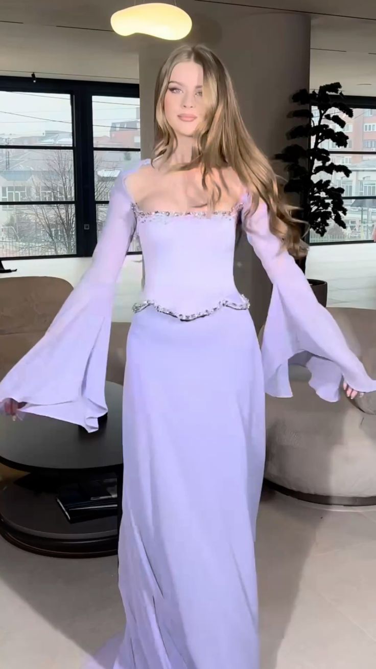 Elegantes zweiteiliges Meerjungfrauen-Kleid aus lila Chiffon mit eckigem Ausschnitt und langen Ärmeln – langes, formelles Abendkleid, elegantes Partykleid, AB2023