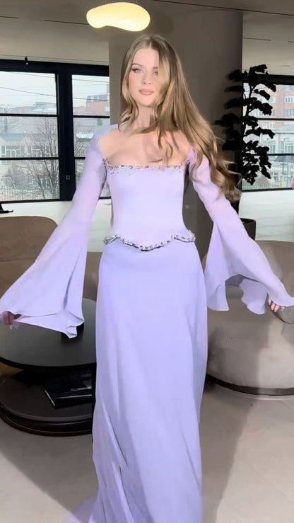 Elegantes zweiteiliges Meerjungfrauen-Kleid aus lila Chiffon mit eckigem Ausschnitt und langen Ärmeln – langes, formelles Abendkleid, elegantes Partykleid, AB2023