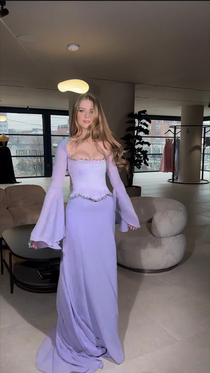 Elegantes zweiteiliges Meerjungfrauen-Kleid aus lila Chiffon mit eckigem Ausschnitt und langen Ärmeln – langes, formelles Abendkleid, elegantes Partykleid, AB2023