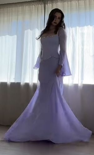 Elegantes zweiteiliges Meerjungfrauen-Kleid aus lila Chiffon mit eckigem Ausschnitt und langen Ärmeln – langes, formelles Abendkleid, elegantes Partykleid, AB2023