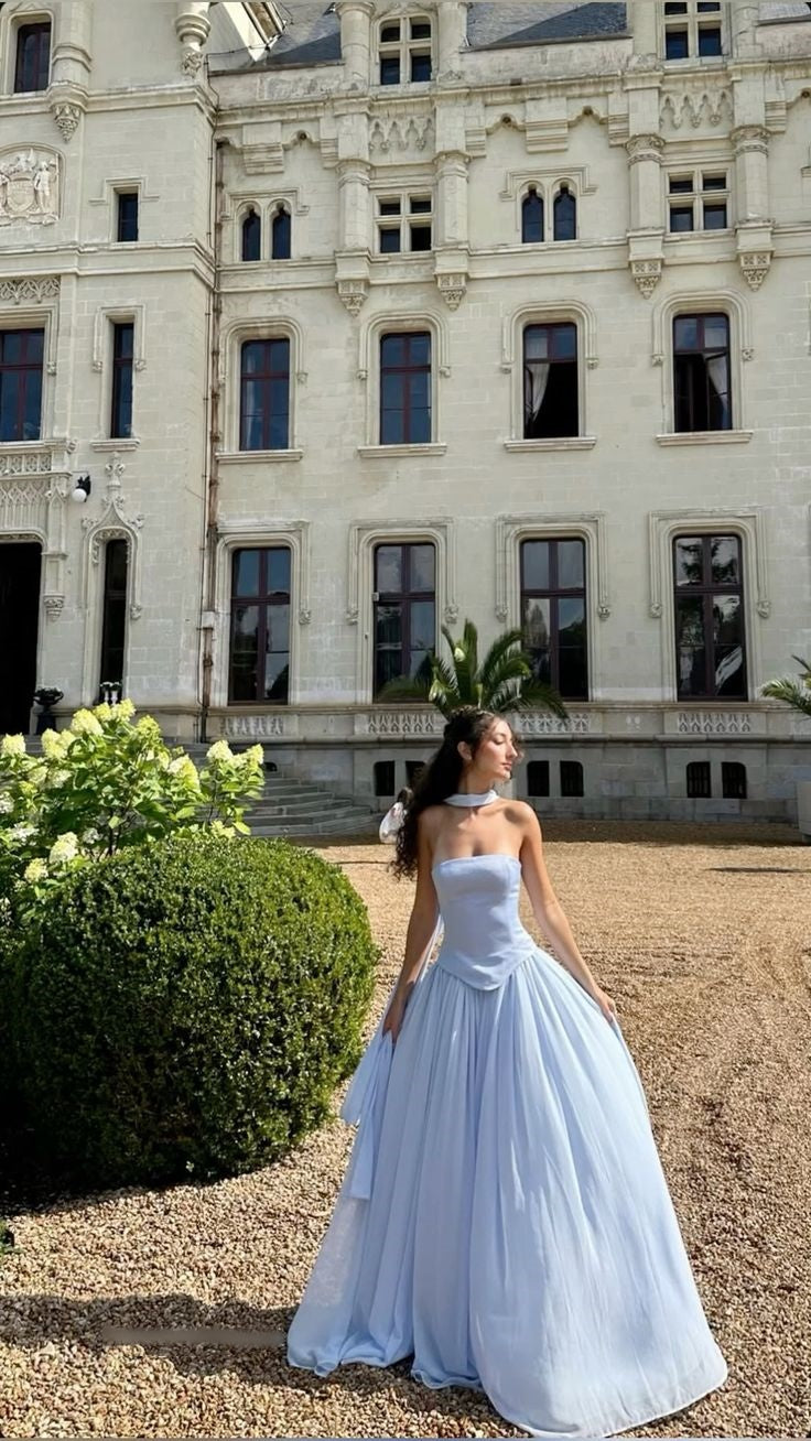 Elegantes, trägerloses, hellblaues A-Linien-Kleid mit Schal für den Winter – langes, formelles Kleid für Abschlussball, Abendveranstaltung, Dinnerpartys und andere festliche Anlässe für Damen (AB2025)
