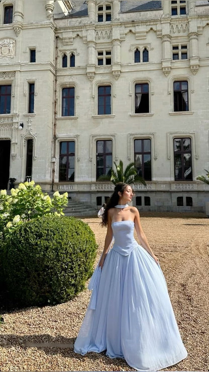 Elegantes, trägerloses, hellblaues A-Linien-Kleid mit Schal für den Winter – langes, formelles Kleid für Abschlussball, Abendveranstaltung, Dinnerpartys und andere festliche Anlässe für Damen (AB2025)