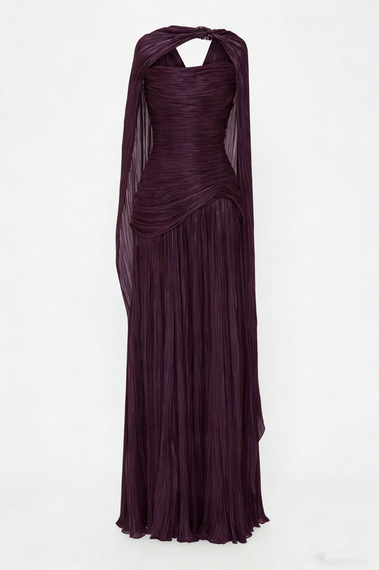 Elegantes, langes, formelles Abendkleid in A-Linie mit V-Ausschnitt aus marineblauem Tüll und Cape, ideal für Dinnerpartys und festliche Anlässe. AB2022