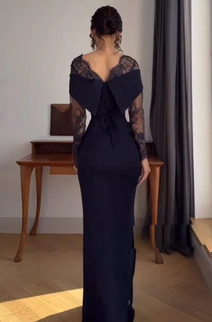 Elegantes, schulterfreies Meerjungfrauenkleid in Marineblau mit Ärmeln – langes, formelles Winterkleid für Abschlussball, Abendveranstaltung, Dinnerpartys und andere festliche Anlässe für Damen (AB2029)
