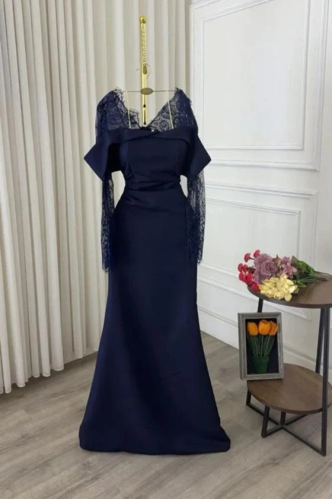 Elegantes, schulterfreies Meerjungfrauenkleid in Marineblau mit Ärmeln – langes, formelles Winterkleid für Abschlussball, Abendveranstaltung, Dinnerpartys und andere festliche Anlässe für Damen (AB2029)