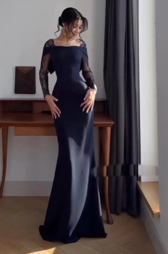 Elegantes, schulterfreies Meerjungfrauenkleid in Marineblau mit Ärmeln – langes, formelles Winterkleid für Abschlussball, Abendveranstaltung, Dinnerpartys und andere festliche Anlässe für Damen (AB2029)