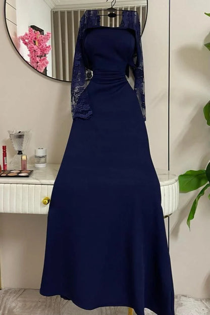 Elegantes, schulterfreies Meerjungfrauenkleid in Marineblau mit Ärmeln – langes, formelles Winterkleid für Abschlussball, Abendveranstaltung, Dinnerpartys und andere festliche Anlässe für Damen (AB2029)