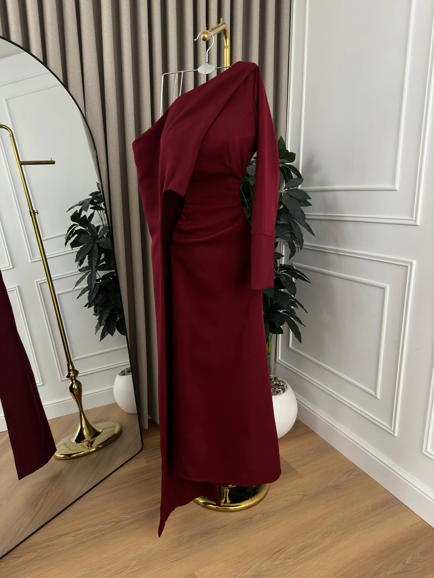 Elegantes Meerjungfrauenkleid in Burgunderrot mit One-Shoulder-Schulter und Ärmeln – langes, formelles Winterkleid für Abschlussball, Abendveranstaltung, Dinnerpartys und andere festliche Anlässe für Damen (AB2037)