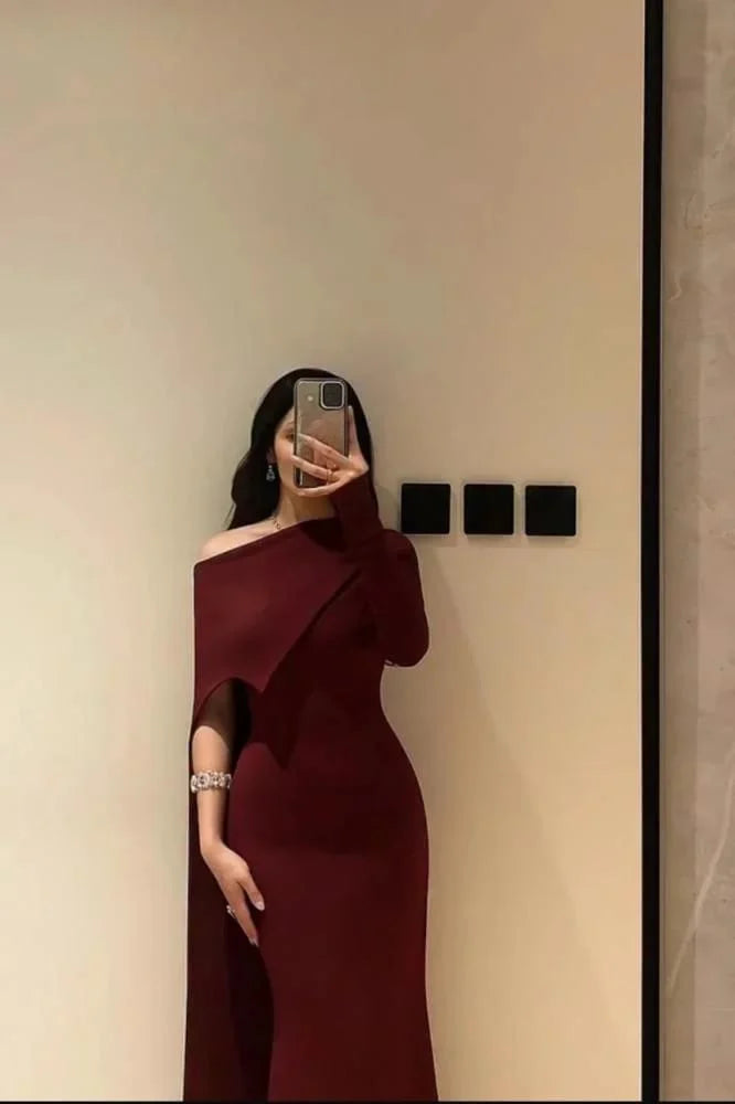 Elegantes Meerjungfrauenkleid in Burgunderrot mit One-Shoulder-Schulter und Ärmeln – langes, formelles Winterkleid für Abschlussball, Abendveranstaltung, Dinnerpartys und andere festliche Anlässe für Damen (AB2037)