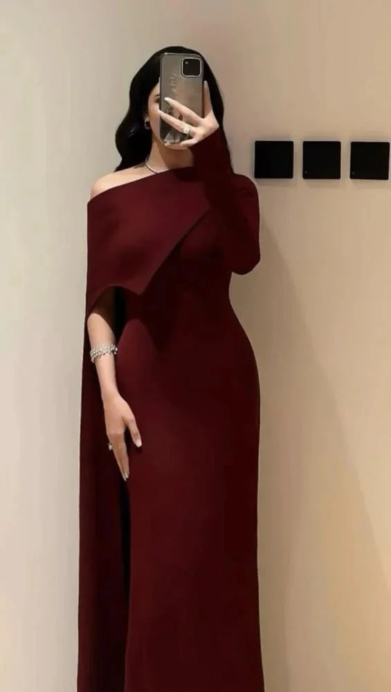 Elegantes Meerjungfrauenkleid in Burgunderrot mit One-Shoulder-Schulter und Ärmeln – langes, formelles Winterkleid für Abschlussball, Abendveranstaltung, Dinnerpartys und andere festliche Anlässe für Damen (AB2037)