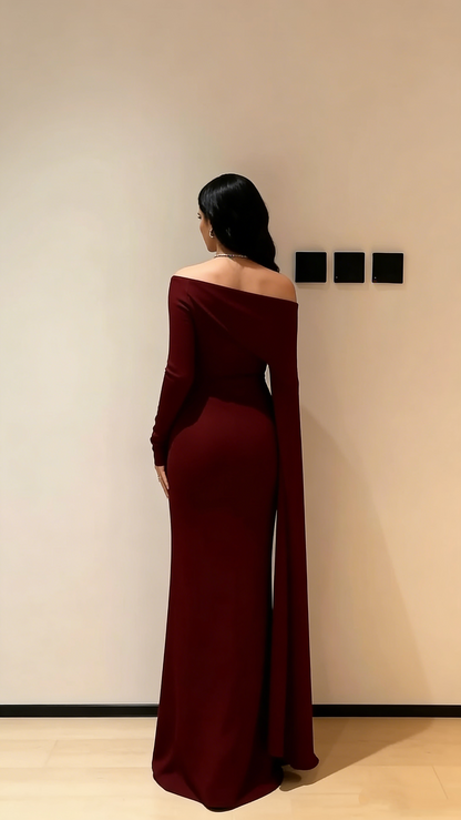 Elegantes Meerjungfrauenkleid in Burgunderrot mit One-Shoulder-Schulter und Ärmeln – langes, formelles Winterkleid für Abschlussball, Abendveranstaltung, Dinnerpartys und andere festliche Anlässe für Damen (AB2037)