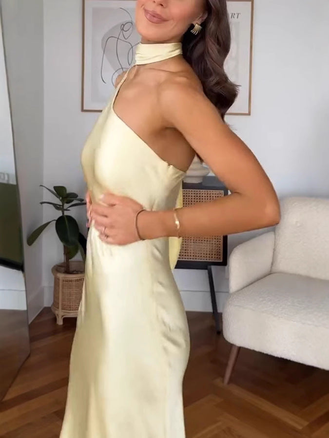 Simple Mermaid One Shoulder Slim Yellow Silky Satin Long Formal Fancy Prom Backless Evening Dress Dinner Outfits Classy Party Gowns AB2040