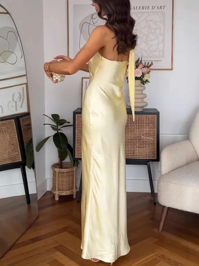 Simple Mermaid One Shoulder Slim Yellow Silky Satin Long Formal Fancy Prom Backless Evening Dress Dinner Outfits Classy Party Gowns AB2040