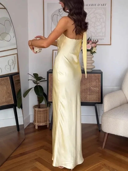Simple Mermaid One Shoulder Slim Yellow Silky Satin Long Formal Fancy Prom Backless Evening Dress Dinner Outfits Classy Party Gowns AB2040
