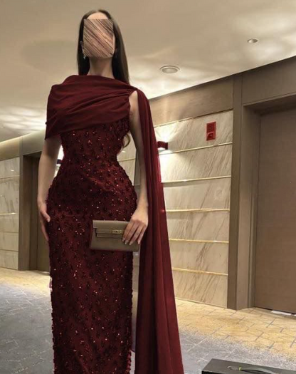 Robe de soirée élégante bleu marine à sequins avec cape, fourreau raffiné, idéale pour un bal de promo ou un dîner chic (AB2046)