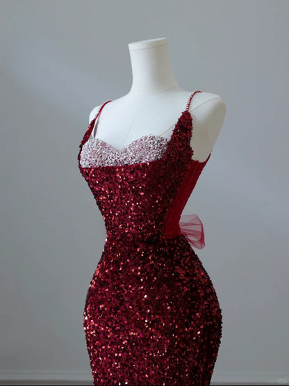 Glitzerndes Meerjungfrauen-Kleid mit Spaghettiträgern, Pailletten, burgunderrot, lang, formell, elegant, für Abschlussball, Abendveranstaltung, Dinnerparty, AB2047
