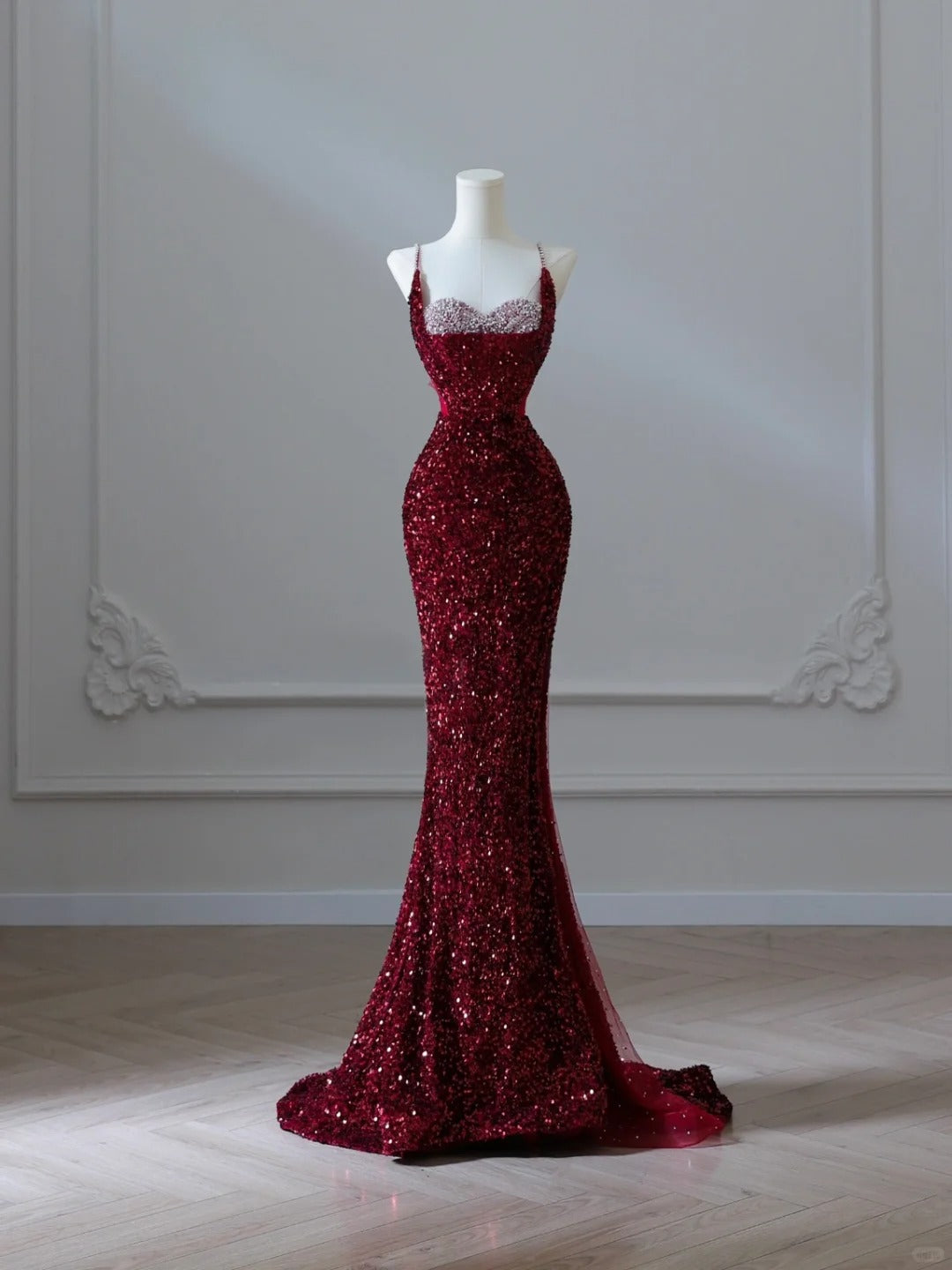 Glitzerndes Meerjungfrauen-Kleid mit Spaghettiträgern, Pailletten, burgunderrot, lang, formell, elegant, für Abschlussball, Abendveranstaltung, Dinnerparty, AB2047