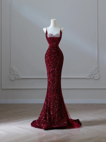 Glitzerndes Meerjungfrauen-Kleid mit Spaghettiträgern, Pailletten, burgunderrot, lang, formell, elegant, für Abschlussball, Abendveranstaltung, Dinnerparty, AB2047