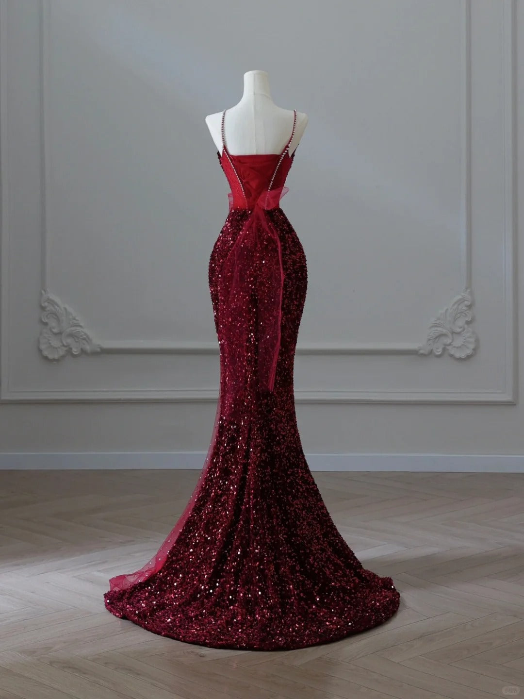 Glitzerndes Meerjungfrauen-Kleid mit Spaghettiträgern, Pailletten, burgunderrot, lang, formell, elegant, für Abschlussball, Abendveranstaltung, Dinnerparty, AB2047