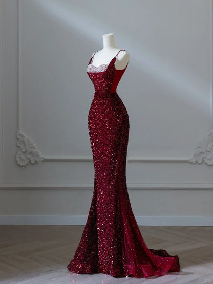 Glitzerndes Meerjungfrauen-Kleid mit Spaghettiträgern, Pailletten, burgunderrot, lang, formell, elegant, für Abschlussball, Abendveranstaltung, Dinnerparty, AB2047