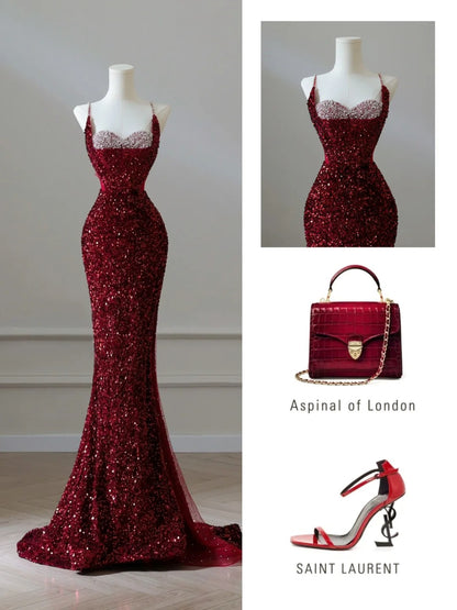 Glitzerndes Meerjungfrauen-Kleid mit Spaghettiträgern, Pailletten, burgunderrot, lang, formell, elegant, für Abschlussball, Abendveranstaltung, Dinnerparty, AB2047