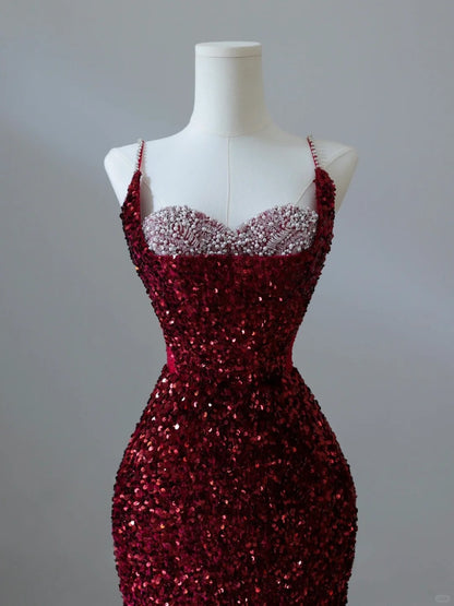Glitzerndes Meerjungfrauen-Kleid mit Spaghettiträgern, Pailletten, burgunderrot, lang, formell, elegant, für Abschlussball, Abendveranstaltung, Dinnerparty, AB2047