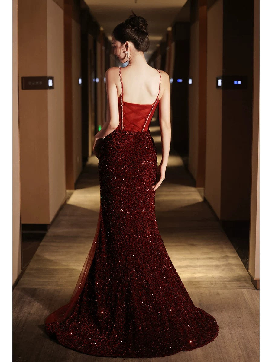 Glitzerndes Meerjungfrauen-Kleid mit Spaghettiträgern, Pailletten, burgunderrot, lang, formell, elegant, für Abschlussball, Abendveranstaltung, Dinnerparty, AB2047