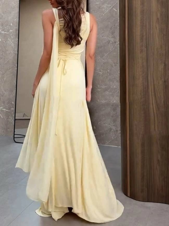 Robe de soirée longue jaune élégante, coupe sirène, col carré, cintrée, idéale pour un bal de promo ou un dîner chic (AB2050)