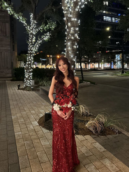 Elegantes, langes, burgunderrotes Meerjungfrauenkleid mit V-Ausschnitt und Pailletten, formelles Abendkleid, elegantes Partykleid AB2053