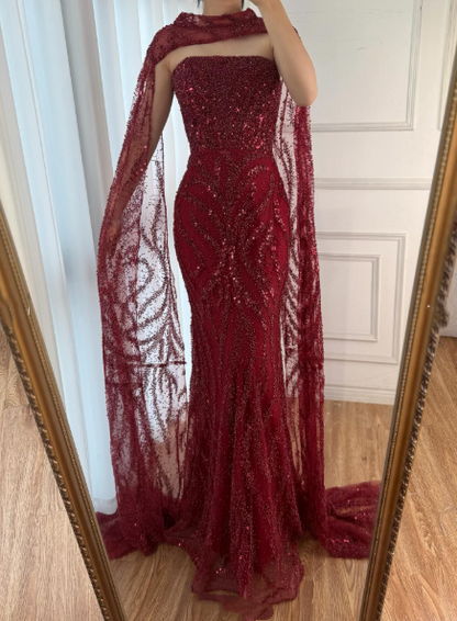 Robe de soirée longue élégante bordeaux, bustier sirène, ornée de sequins et d'une écharpe - AB2060