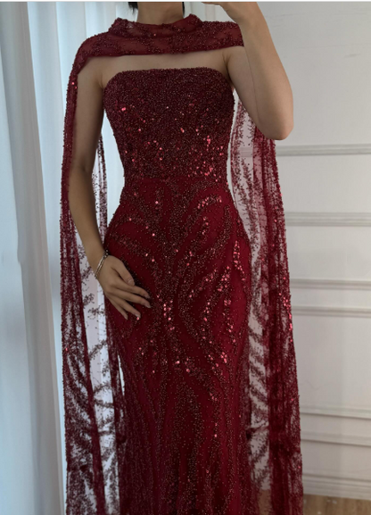 Robe de soirée longue élégante bordeaux, bustier sirène, ornée de sequins et d'une écharpe - AB2060