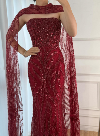 Robe de soirée longue élégante bordeaux, bustier sirène, ornée de sequins et d'une écharpe - AB2060