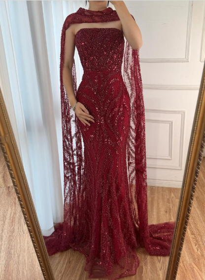 Robe de soirée longue élégante bordeaux, bustier sirène, ornée de sequins et d'une écharpe - AB2060