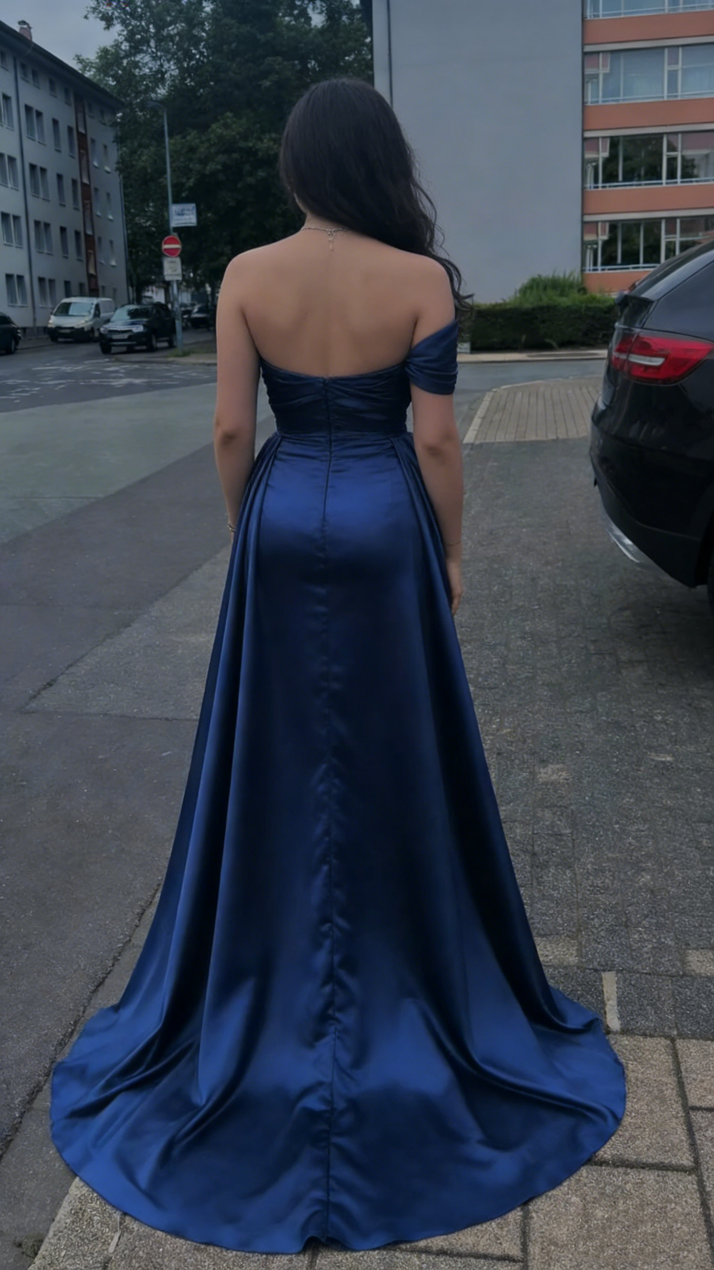 Elegantes, schulterfreies Meerjungfrauenkleid in Marineblau mit plissierten Ärmeln, langes, formelles Ballkleid, Abendkleid, Dinner-Outfit, Partykleid AB2061