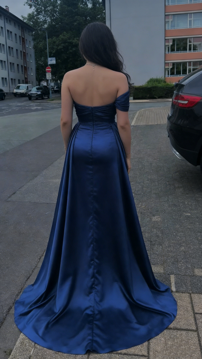 Elegantes, schulterfreies Meerjungfrauenkleid in Marineblau mit plissierten Ärmeln, langes, formelles Ballkleid, Abendkleid, Dinner-Outfit, Partykleid AB2061