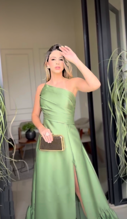 Classy Prom Dresses Inspiration A line One Shoulder Green Satin Long Semi Formal Dance Grad Prom Dresses For Teens AB2071